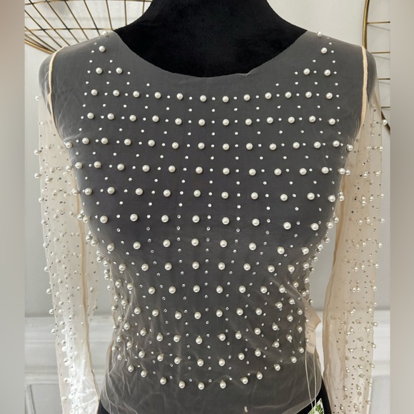 [NWT] Women's Pearl Rhinestone See Through Long Sleeve Mesh Blouse - Picture 2 of 8